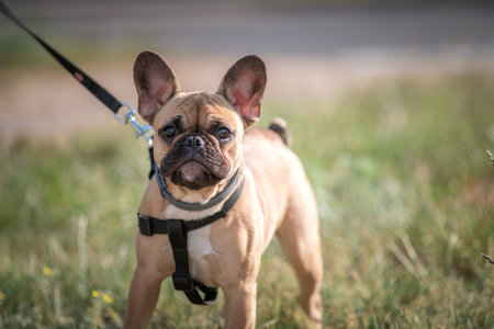 Beautiful thoroughbred French bulldog of fawn color on a walk on the grass.の写真素材
