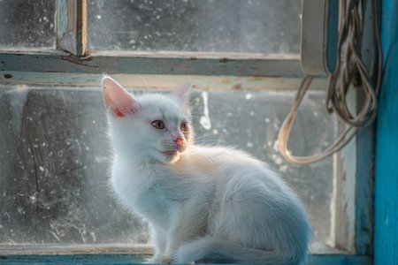 Portrait of a country cat on the windowsill of a hut.の写真素材
