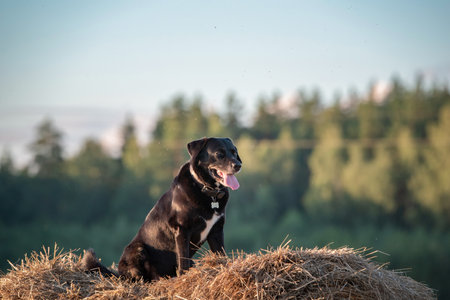 Portrait of a beautiful purebred black labrador outdoors.の写真素材