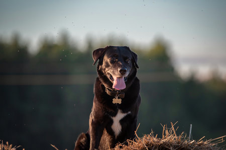 Portrait of a beautiful purebred black labrador outdoors.の写真素材