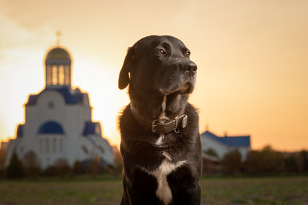 Portrait of a beautiful purebred black labrador outdoors.の写真素材