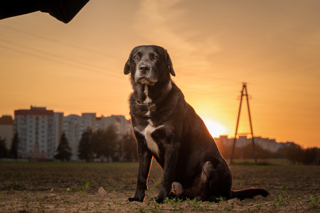 Portrait of a beautiful purebred black labrador outdoors.の写真素材