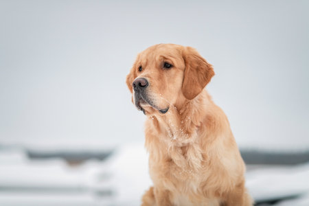 Purebred dog of the Golden Retriever breed on a walk in the winter forest.の写真素材