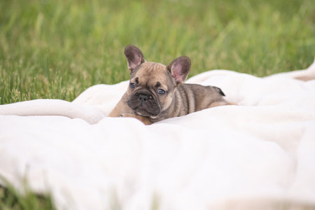 Beautiful purebred French bulldog puppy outdoors.の写真素材