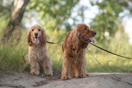 Two beautiful dogs are on the field.の写真素材