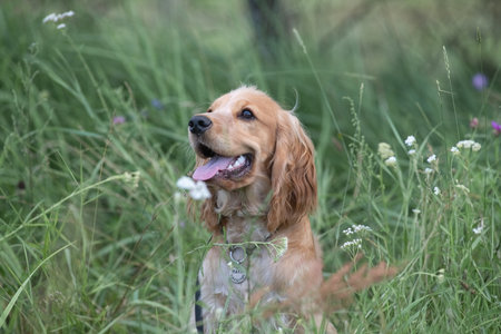 A beautiful cocker spaniel plays on the field.の写真素材