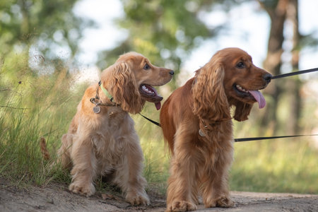 A beautiful cocker spaniel plays on the field.の写真素材