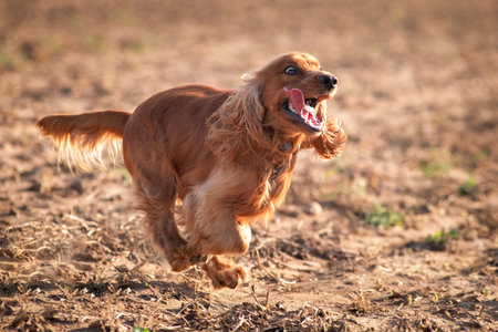 A beautiful cocker spaniel plays on the field.の写真素材