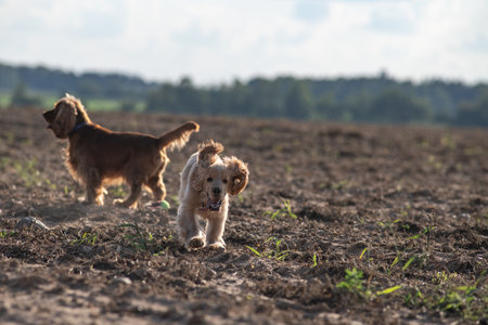A beautiful purebred cocker spaniel plays in an autumn field.の写真素材