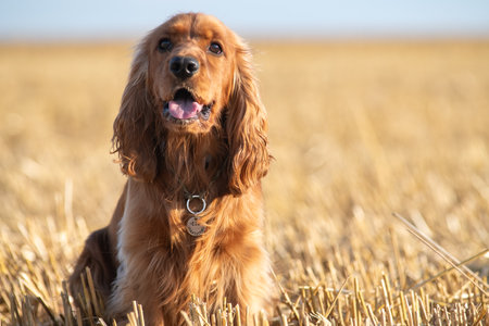 A beautiful purebred cocker spaniel plays in an autumn field.の写真素材