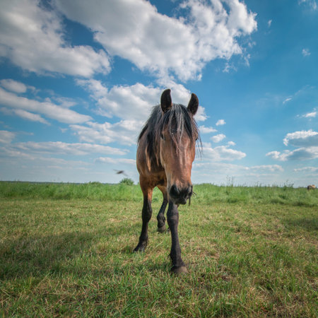 Horses graze in the meadow in the summer, in the afternoon on the ranch.の写真素材