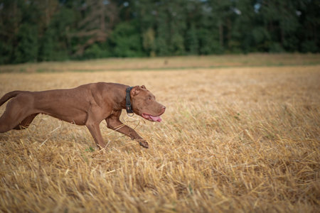 Purebred American Pit Bull Terrier frolic on the field.