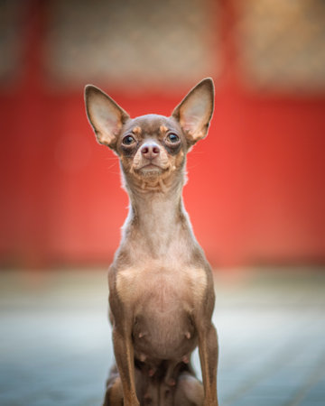 Portrait of a purebred toy terrier outdoors on a red background.の写真素材