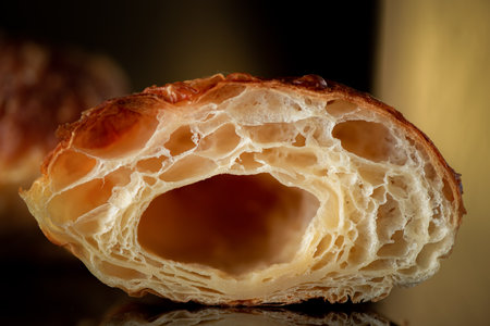 Delicious organic fresh homemade croissant on a dark background.