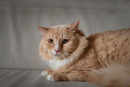 Portrait of a red domestic cat with sore eyes.の写真素材