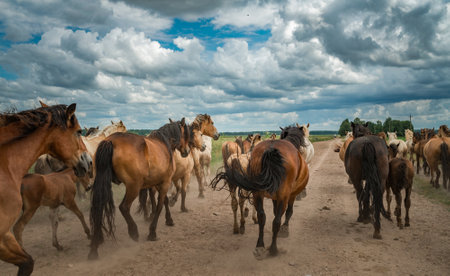 A herd of horses runs along a dusty road to a pasture in cloudy weather.の写真素材