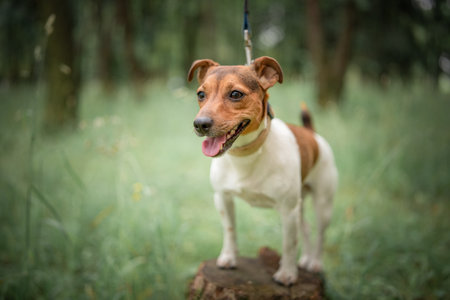 Jack Russell Terrier on a walk in the summer forest.の写真素材