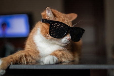 Portrait of a ginger domestic cat in glasses close-up.の写真素材