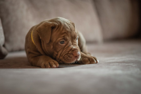 Portrait of a beautiful purebred puppy in the studio against a gray background.の写真素材