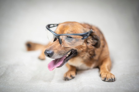 Portrait of a beautiful mongrel dog in a studio.の写真素材