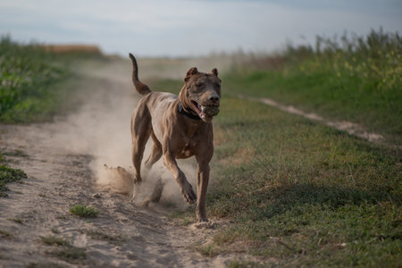 A dog runs across a field.の写真素材