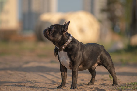 Beautiful purebred French Bulldog on a walk in spring.の写真素材
