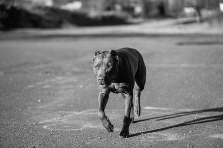 Dog on a walk. Black and white photo.の写真素材