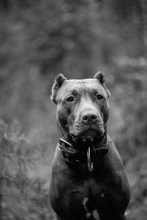 Pit Bull Terrier standing in a field.の写真素材