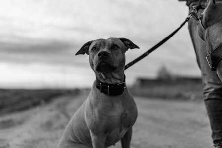 Dog on a walk in the field. Black and white photo.の写真素材