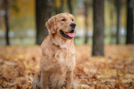 Beautiful dog sitting outdoors in autumn.の写真素材