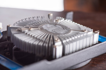 Aluminum heatsink fan graphics card. Photographed close-up.の写真素材