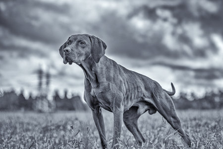 Crouching hunting dog. Closeup portrait of a Hungarian vyzhly.
