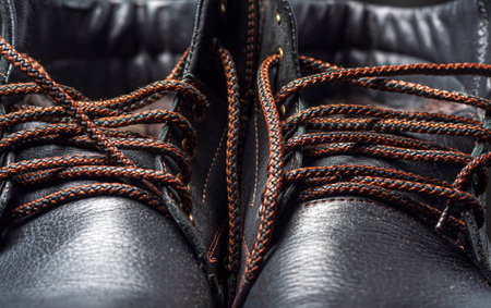 Fragment of black leather men's shoes. Photographed close-up.の写真素材