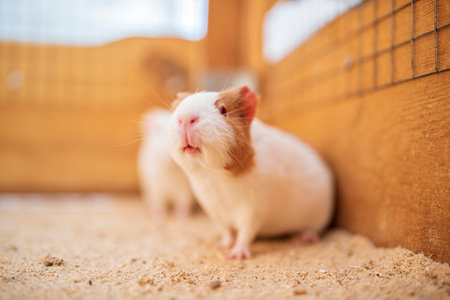 Guinea pig in a wooden cage. Photographed close-up.の写真素材