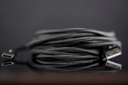 USB Type-C cable. Photographed close-up against a dark background.