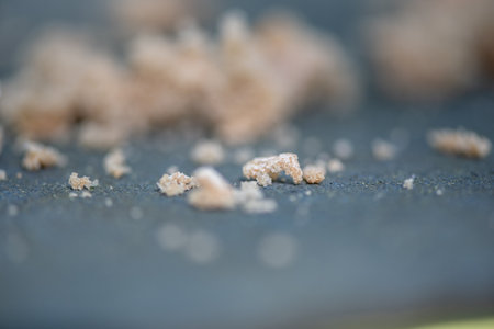 Pile of crumbs on a black background. Shallow depth of field