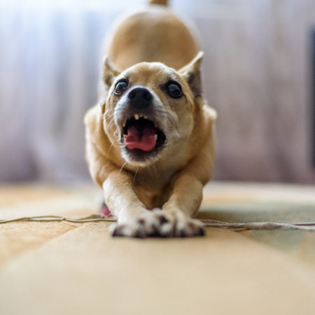 old domestic dog on the carpetの写真素材