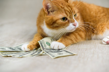 Portrait of a domestic cat with a bunch of hundred dollar bills.の写真素材