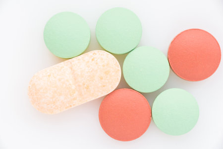 Pills on a light background close up. View from above.の写真素材