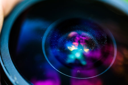 Fingerprint on the lens. Photographed close up.の写真素材