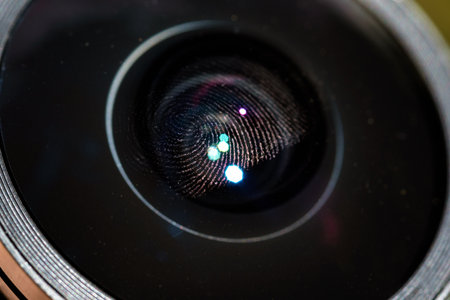 Fingerprint on the lens. Photographed close up.の写真素材
