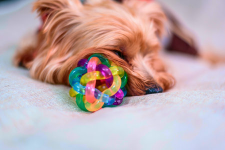 Yorkshire Terrier puppy sleeping on the bedの写真素材