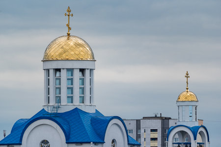 A small church in the city. Photographed in cloudy weather.の写真素材