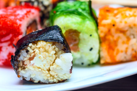 Sushi on a plate close-up.の写真素材