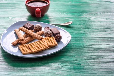 Shortbread cookies and chocolates on a btruzy plate, standing on a green wooden background.