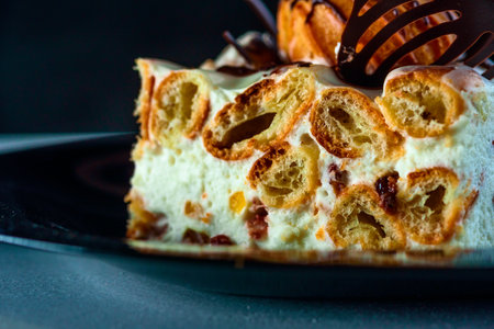 A piece of tiramisu cake close up.