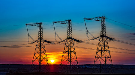 High voltage power line at sunset.の写真素材