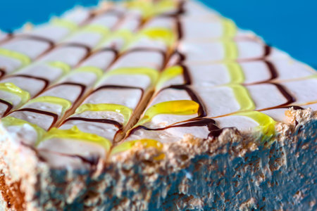 Sponge cake on a wooden background photographed close-up.の写真素材