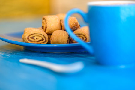 Cookies rolls with jam on a wooden background.の写真素材