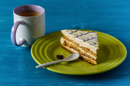 Biscuit cake photographed on a ceramic plate in green.